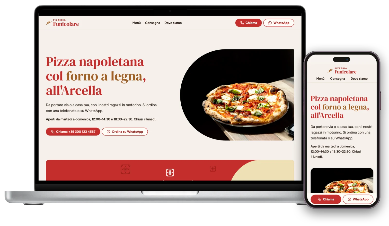 La landing page della pizzeria su un computer portatile e su uno smartphone